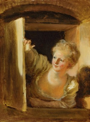 A young woman leaning out of a window by Jean-Honore Fragonard Oil Painting