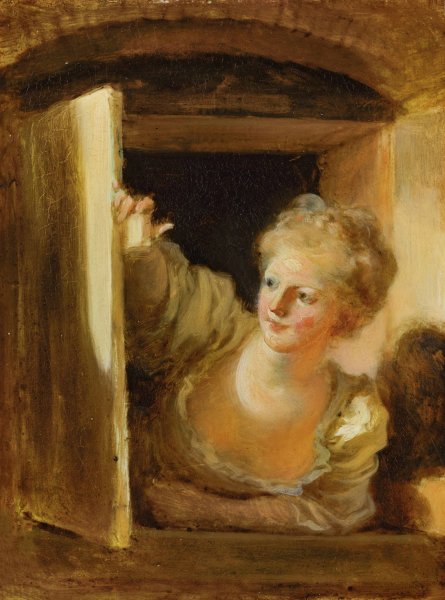 A young woman leaning out of a window by Jean-Honore Fragonard - Hand-Painted Oil Painting Reproduction