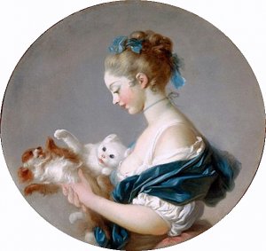 Girl Playing with a Dog and a Cat