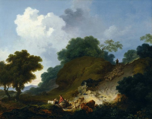 Main Product Photo of Landscape with Shepherds and Flock of Sheep Painting by Jean-Honore Fragonard