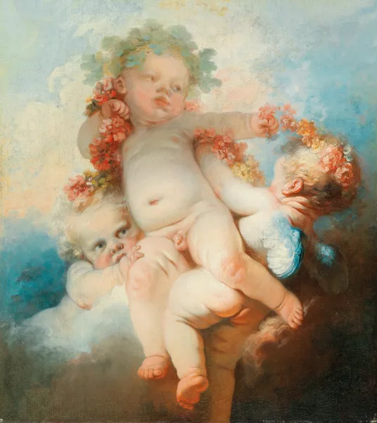 Reproduction Putti Three Putti crowned with flowers by Jean-Honore Fragonard Oil Painting ...