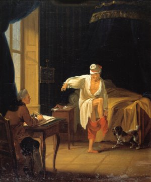 Voltaire a son lever a Ferney, dictant a son secretaire Collini Oil painting by Jean Huber