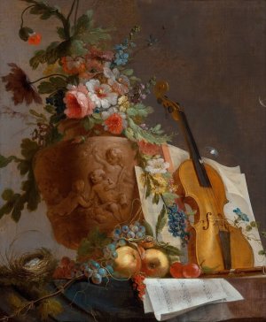 Still life with flowers and a violin by Jean-Jacques Bachelier Oil Painting