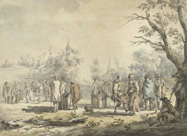 Dansende landlieden en toeschouwers bij een dorp  by Jean-Jacques De Boissieu - Hand-Painted Oil Painting Reproduction
