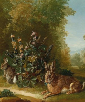 Two hares in a landscape by Jean Jacques Spoede Oil Painting