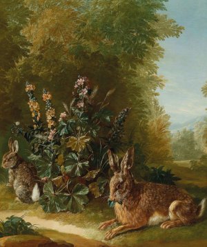 Two hares in a landscape by Jean Jacques Spoede Oil Painting