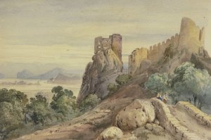 Burgruine, vorn auf einer Brucke zwei Manner by Jean-Joseph-Bonaventure Laurens Oil Painting