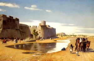 An Arab Caravan Outside a Fortified Town, Egypt by Jean-Leon Gerome Oil Painting