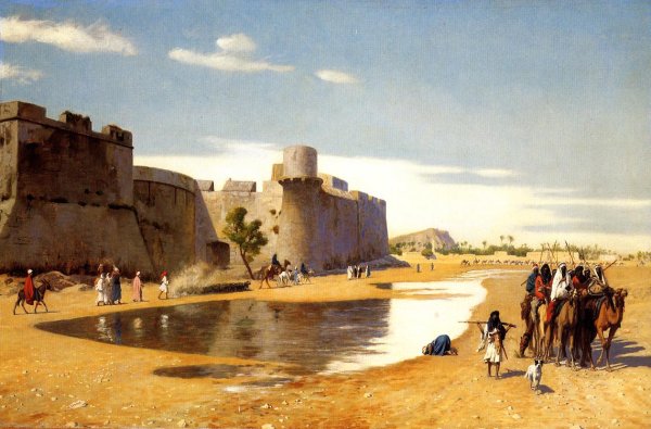 Main Product Photo of An Arab Caravan Outside a Fortified Town, Egypt Painting by Jean-Leon Gerome