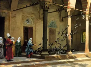 Harem Women Feeding Pigeons in a Courtyard by Jean-Leon Gerome - Oil Painting Reproduction