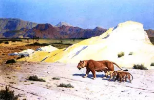 Lioness and Her Cubs by Jean-Leon Gerome Oil Painting