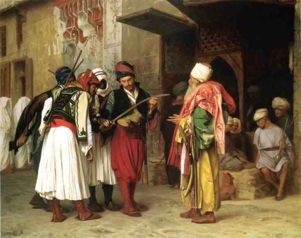 Main Product Photo of Old Clothing Merchant in Cairo also known as Roaving Merchant in Cairo Painting by Jean-Leon Gerome