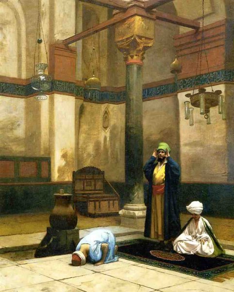 Three Worshippers Praying in a Corner of a Mosque