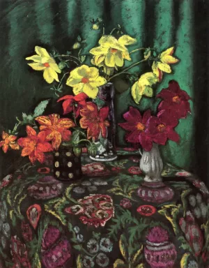 Simple Dahlias by Jean-Laurent Challie Oil Painting