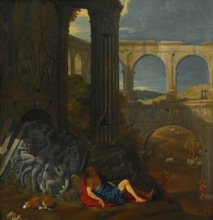 An Architectural Capriccio With Ancient Ruins, A Triumphal Arch And A Haut-Relief Sculpture, With The Story Of Mercury And Argus by Jean Lemaire Oil Painting