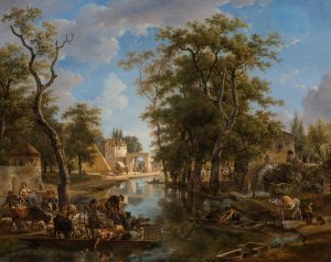 A lively canal scene with ferries and boats conveying townspeople and animals by Jean-Louis Demarne Oil Painting
