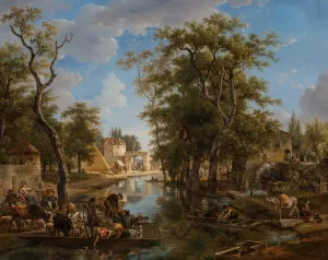 A lively canal scene with ferries and boats conveying townspeople and animals by Jean-Louis Demarne Oil Painting