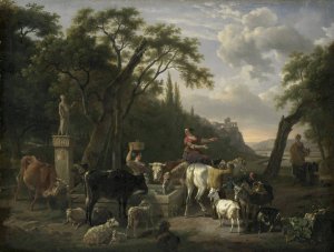 Italian Landscape with Shepherds and Animals at a Fountain by Jean-Louis Demarne Oil Painting