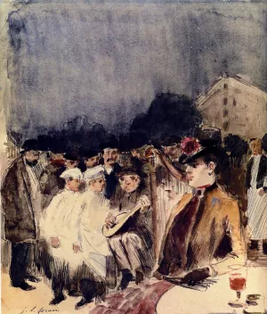 Musiciens Ambulants Devant La Terrasse D'Un Cafe by Jean-Louis Forain Oil Painting