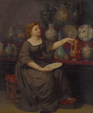 A Lady Seated Admiring A Vase by Jean-Louis Hamon Oil Painting