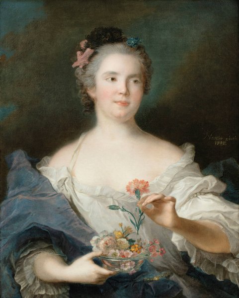 Portrait Of A Lady Holding A Carnation, Said To Be La Duchesse De Chateauroux  by Jean-Marc Nattier - Hand-Painted Oil Painting Reproduction