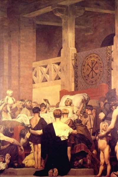 Main Product Photo of Death of Saint Genevieve center panel Painting by Jean-Paul Laurens