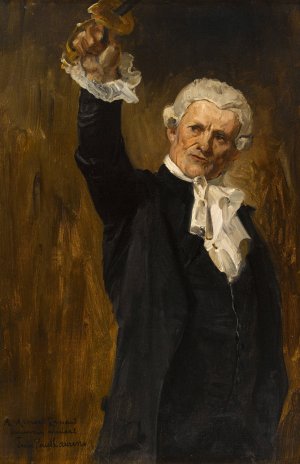 La voute d'acier, figure d'un edile parisien bras leve, tenant une epee by Jean-Paul Laurens Oil Painting