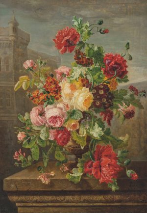 Roses, Poppies, Honeysuckle and Polyanthus, in a urn on a stone ledge Oil painting by Jean-Pierre Lays