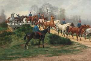 Soldiers leading horses over a bridge by Jean Richard Goubie Oil Painting