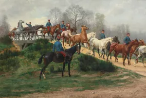 Soldiers leading horses over a bridge by Jean Richard Goubie Oil Painting