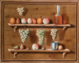 Trompe L'oeil Of Pears, Apples And Nuts Resting On Ledges And Bunches Of Grapes Hanging From Ledges All Within A Painted Frame by Jean Valette-Falgores Oil Painting
