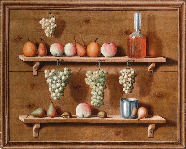 Trompe L'oeil Of Pears, Apples And Nuts Resting On Ledges And Bunches Of Grapes Hanging From Ledges All Within A Painted Frame by Jean Valette-Falgores - Hand-Painted Oil Painting Reproduction