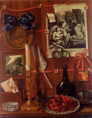 Trompe L'Oeil With A Basket Of Cherries On A Table And Engravings Tacked Up To A Wall