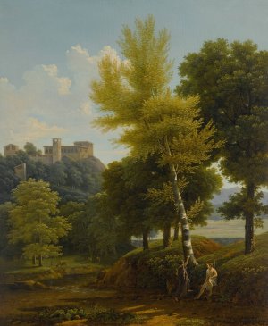 View of a brook in the countryside, a castle in the hillside above, with Paris and Oenone in the foreground Oil painting by Jean-Victor Bertin
