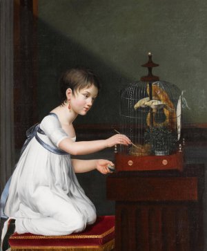 A Young Girl In A White Dress With A Green Sash, Kneeling By A Bird Cage While Tending To Her Birds by Jeanne Elisabeth Chaudet Oil Painting