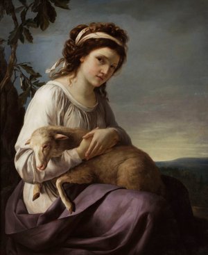 Portrait of a young woman holding a lamb by Jeanne-Louise Vallain Oil Painting