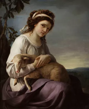 Portrait of a young woman holding a lamb by Jeanne-Louise Vallain Oil Painting