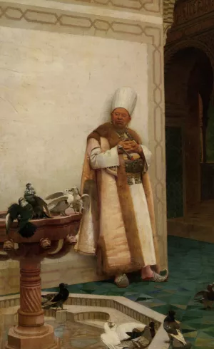 A Grand White Enuch Watching Doves by Jehan Georges Vibert Oil Painting