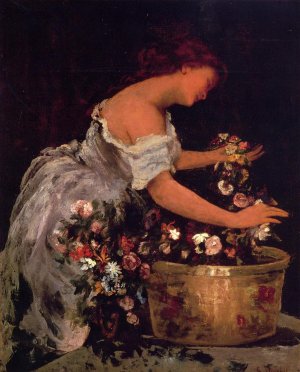 Young Girl Arranging Flowers by Jehan Georges Vibert Oil Painting
