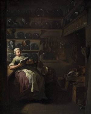 Kitchen Interior with a Girl Reading by Jens Juel Oil Painting