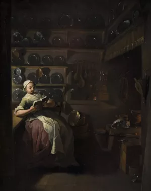 Kitchen Interior with a Girl Reading by Jens Juel Kitchen Interior with a Girl Reading by Jens Juel Oil Painting