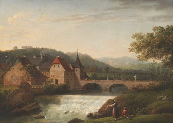 Main Product Photo of The Bridge and the Waterfall at Dornach, Switzerland  Painting by Jens Juel