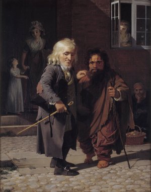 Two Dwarfs; Obligeert, a Jewish pigtail-ribbon Vendor, beside the Roman Dwarf Bajocco in one of the Streets of Copenhagen by Jens Juel Oil Painting
