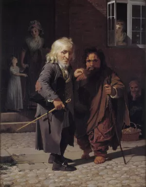 Two Dwarfs; Obligeert, a Jewish pigtail-ribbon Vendor, beside the Roman Dwarf Bajocco in one of the Streets of Copenhagen by Jens Juel Two Dwarfs; Obligeert, a Jewish pigtail-ribbon Vendor, beside the Roman Dwarf Bajocco in one of the Streets of Copenhagen by Jens Juel Oil Painting