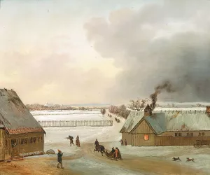 Vinterstykke Forestillende Udsigt Til Soelyst Fra Ordrup Med En Kanefaerd Oil painting by Jens Juel