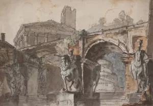 Romersk prospekt med bro, tempelruin og rytterstatue Oil painting by Jens Petersen Lund