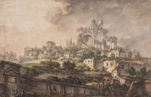 Romersk prospekt med mur i forgrunden, kirke og ruin i baggrunden Oil painting by Jens Petersen Lund