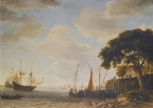 Coastal Landscape, A Dutch Kaag Tied Up To A Quay, A Man Of War Weighing Anchor Beyond by Jeronymus Van Diest Oil Painting