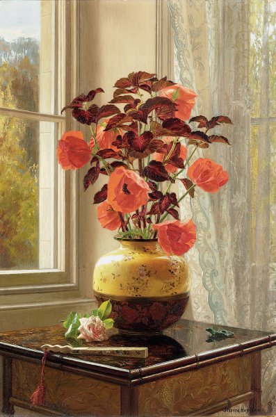 Oriental Poppy and Coleus in a Cloisonne vase by Jessica Hayllar - Hand-Painted Oil Painting Reproduction