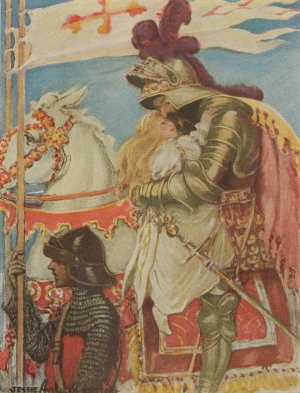 In an instant she was on the saddle, and clasped in his great strong arms by Jessie Willcox Smith Oil Painting